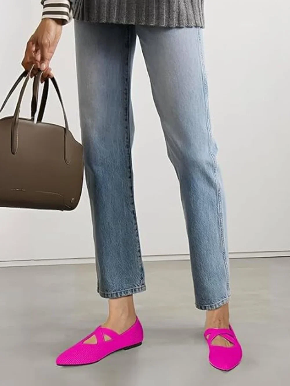 Women's Pink Pointed Toe Comfortable Mary Jane Slip-On Knit Ballet Flat Shoes